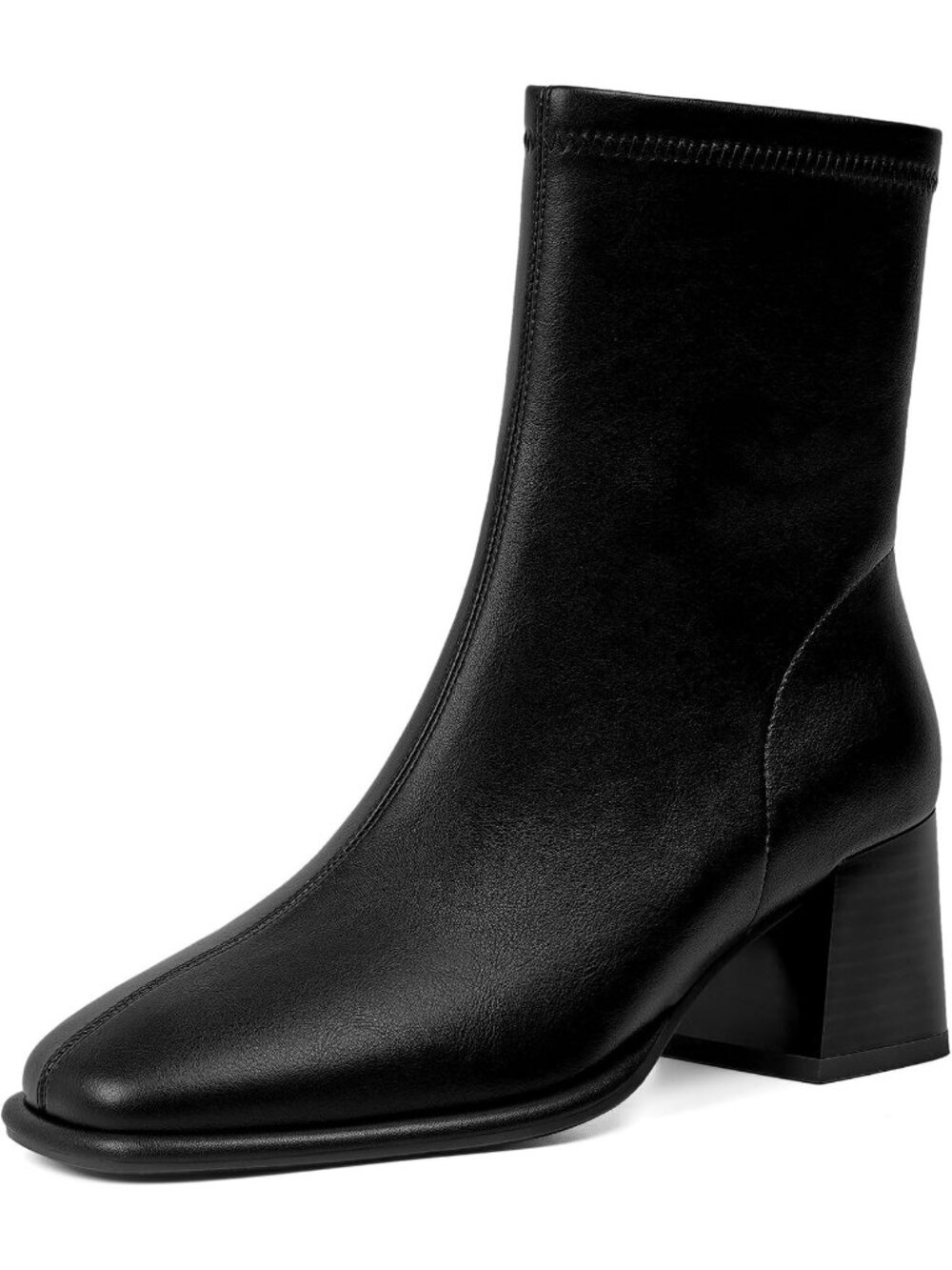 Women's Black Faux Leather Chunky Block Heel With Side Zipper Stretch Short Boot
